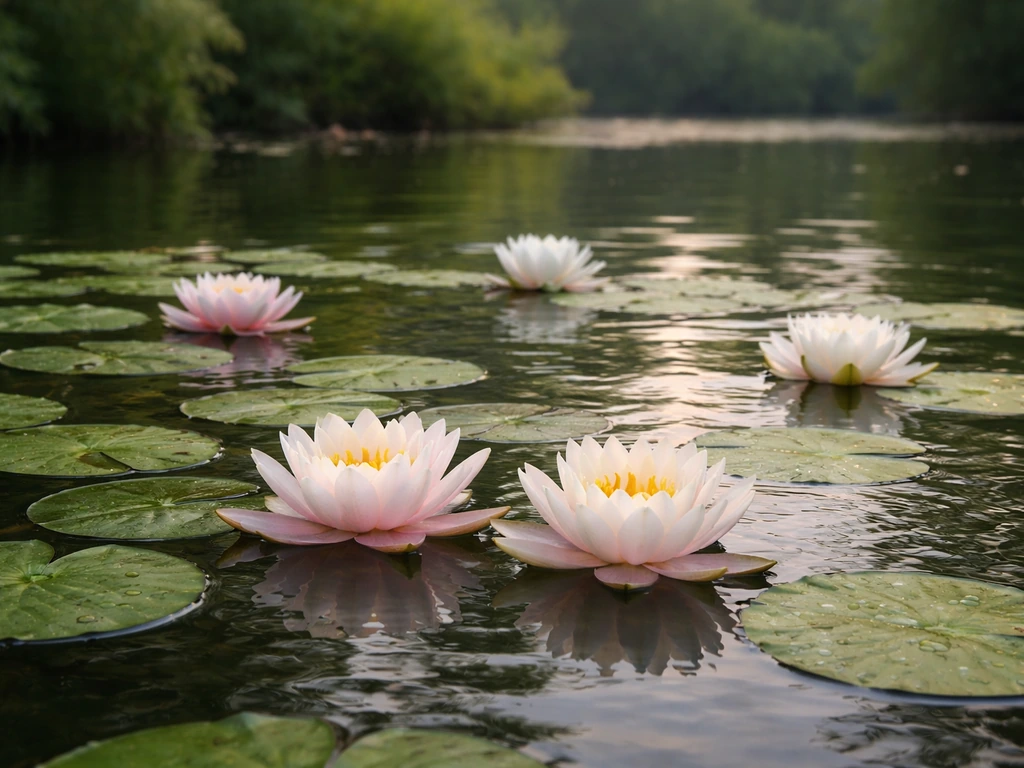 Serene pond with blooming water lilies floating on calm water, soft natural light
