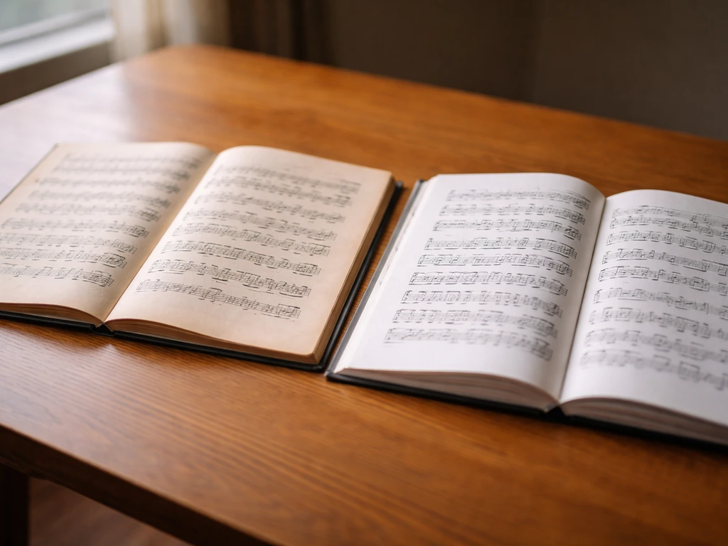 Two open sheet-music pages side-by-side on a wooden table, contrasting older vs newer versions.