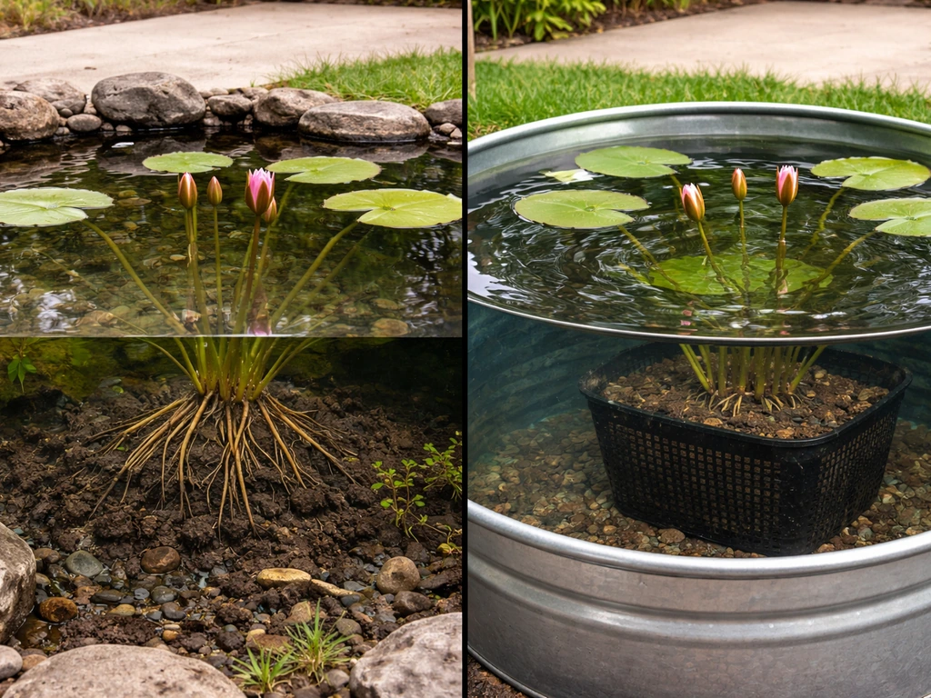 Side-by-side photo of a backyard pond and a water-garden container showing lily roots and water depth.