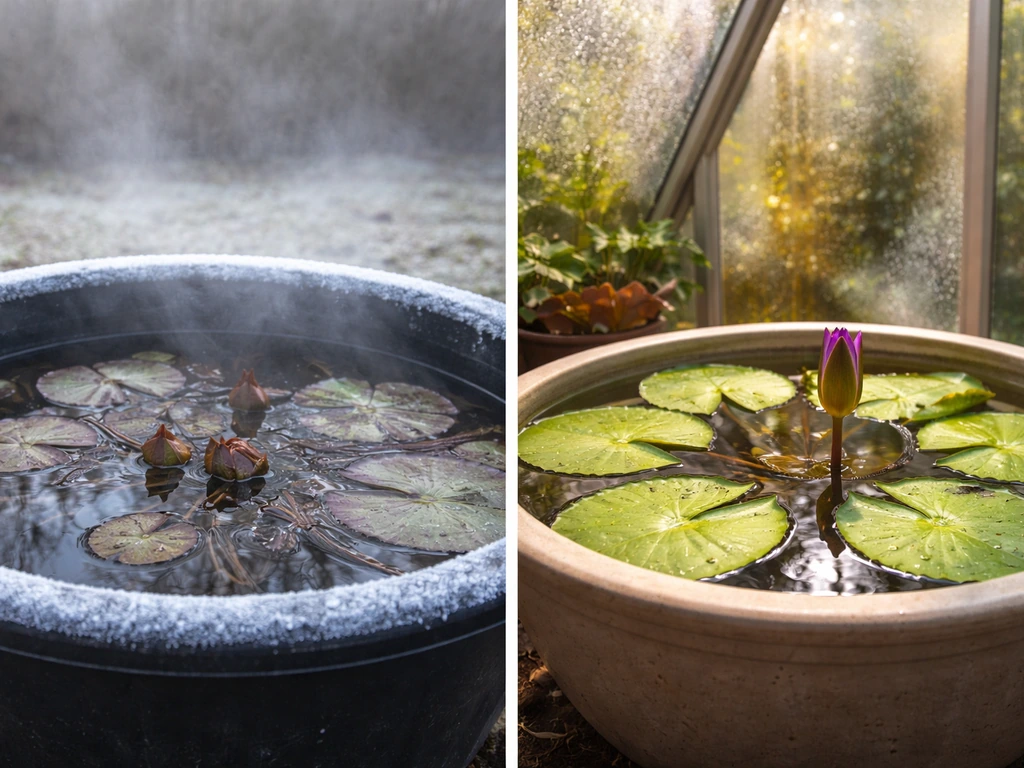 Split scene: hardy water lily with light frost outdoors vs tropical lily warm and covered indoors.