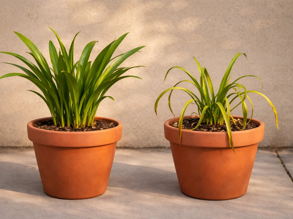 Two spider lily pots side by side: lush green foliage versus stressed drooping leaves, same light.