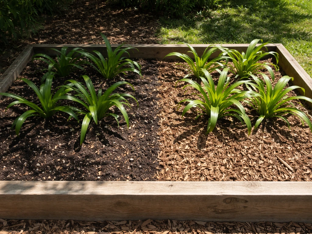 Garden bed of spider lilies with a clear partial-shade vs sun-exposed planting area