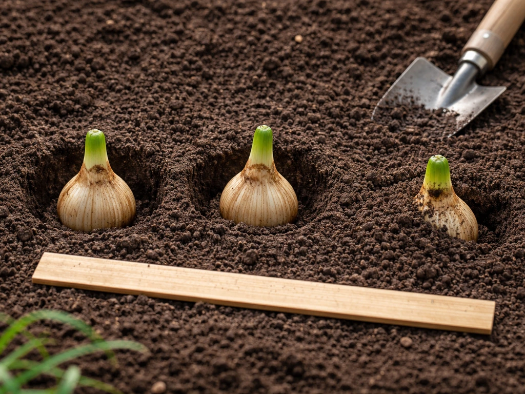 Close-up of spider lily bulbs being planted with the bulb neck above soil and measured spacing