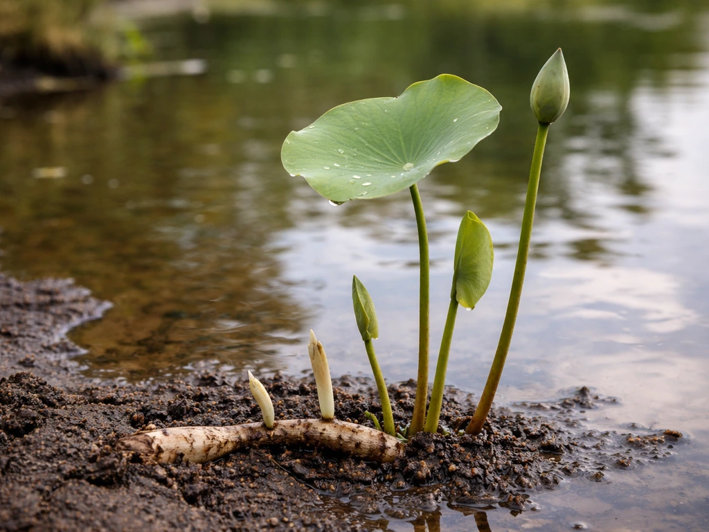 Minimal photo showing lotus rhizome emerging from mud with a few young leaves, outdoors.