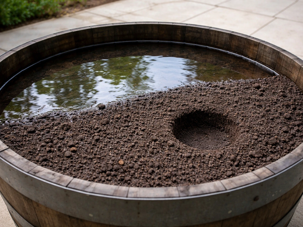 Close-up of a wide lotus tub with soil and water, showing a prepared planting spot nearby.