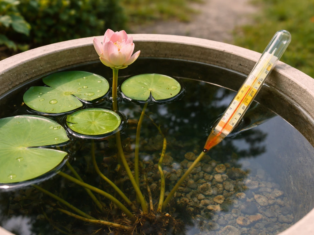 Close-up of lotus container water with warm-range thermometer and clear view of water depth.