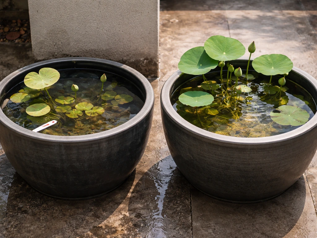 Close-up of a lotus in a tub beside a thermometer and shaded setup, showing slow vs healthy growth