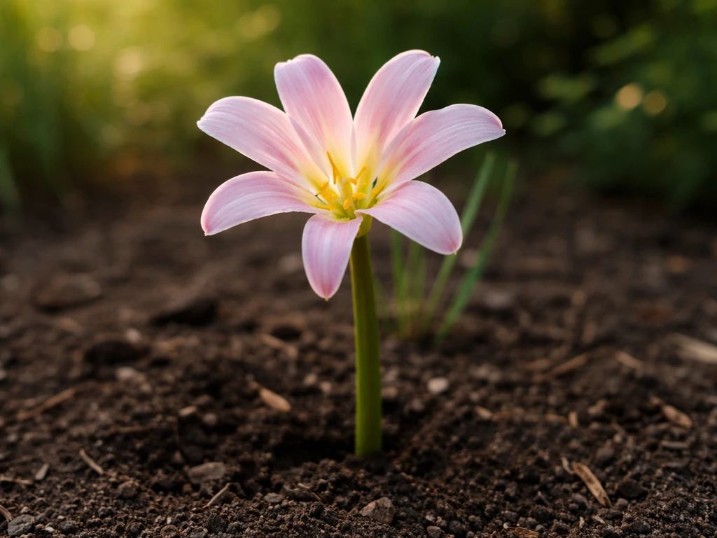 Late-summer surprise lily bloom emerging from soil with minimal foliage in natural light