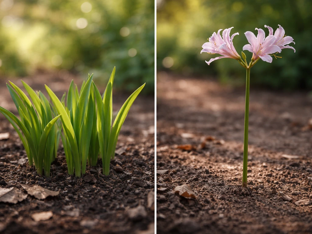 Split-cycle surprise lily scene: green leaves in spring and late-summer flower stalks emerging above soil