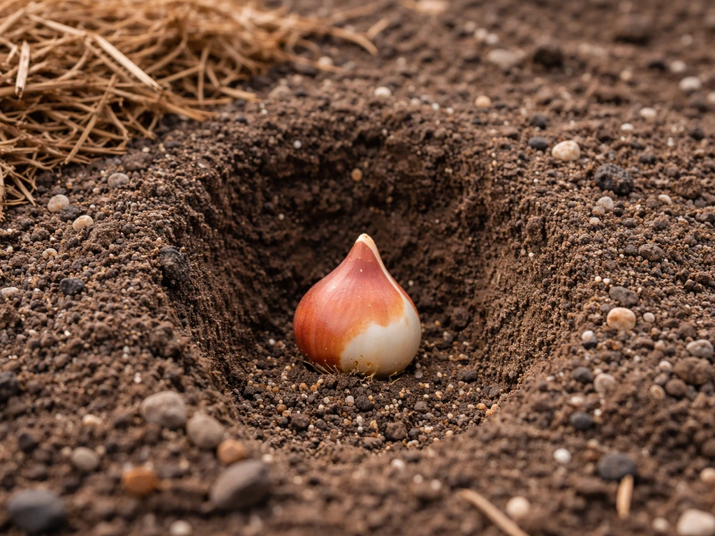 Close-up of a bulb planted in gritty, well-draining soil at correct depth with mulch kept away.
