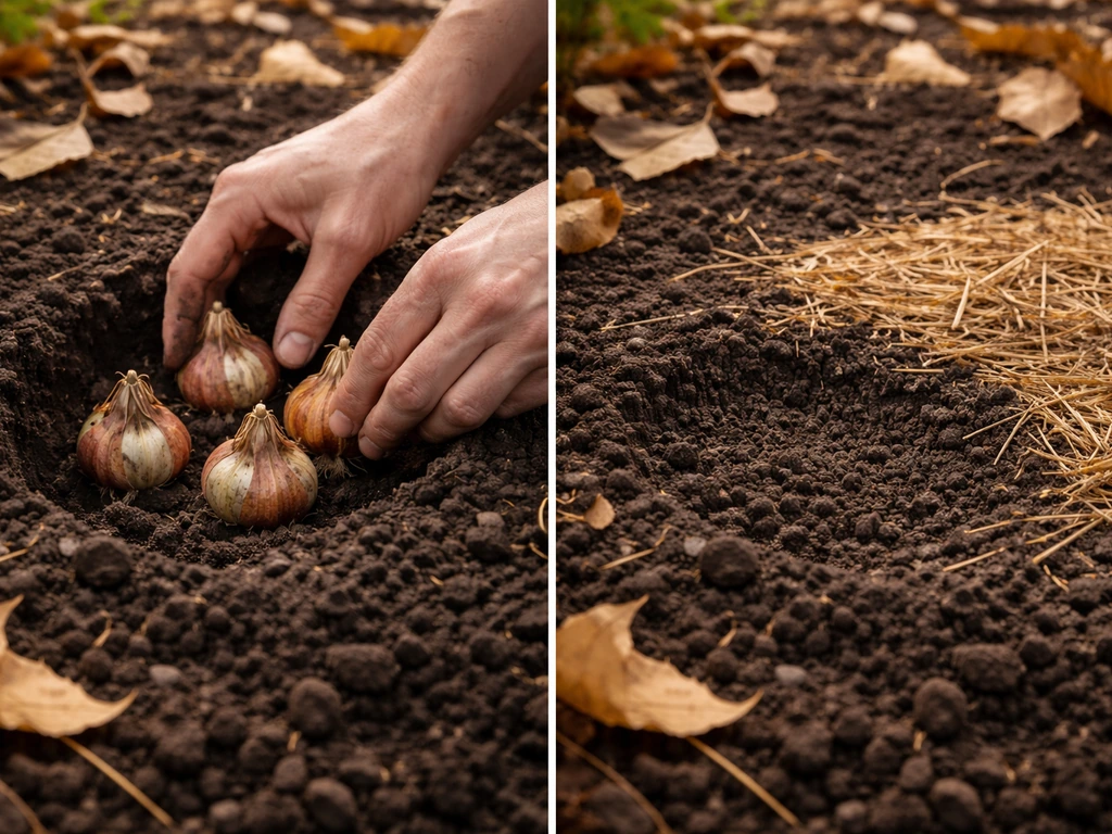 Anonymous hands placing a lily bulb into a fall soil hole, filled and lightly mulched on a quiet garden bed