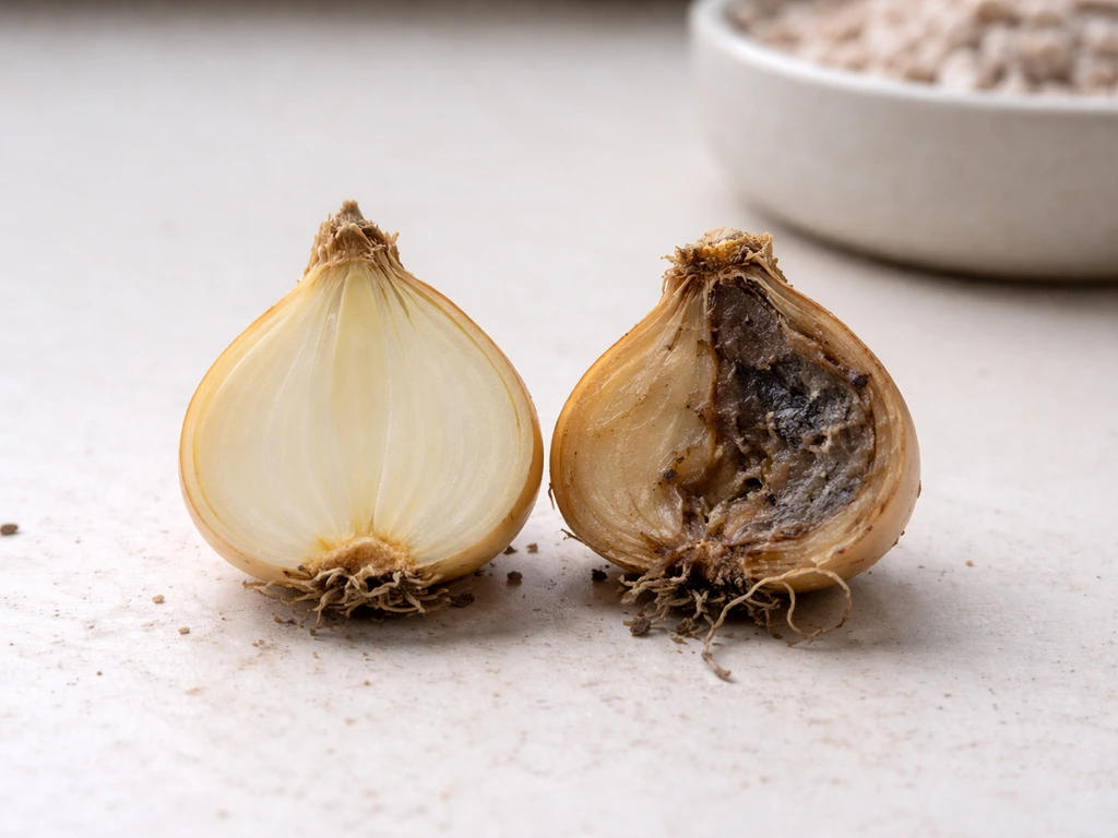 Close-up cut bulb showing firm healthy tissue versus soft moldy rot, suggesting overwatering and poor drainage.