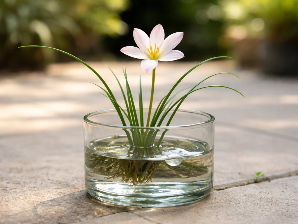 Rain lily blooms beside a small shallow glass water container, suggesting water-growing at the edges.