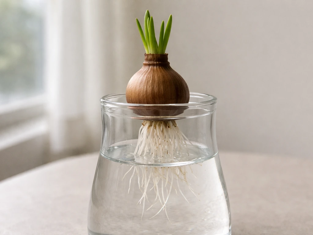 Semi-submerged rain lily bulb in a clear glass container with roots in water and bulb above the line.