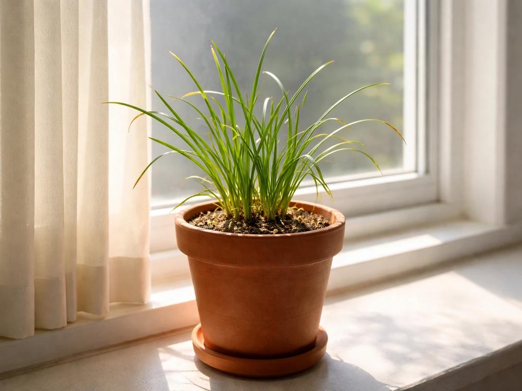 Rain lily in a sunny window with a faint hint of dormancy from muted foliage and potting soil