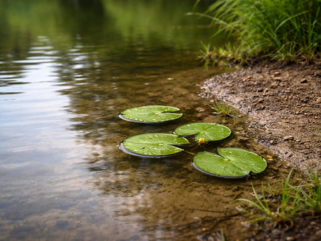 Water lily pads floating in shallow pond water near a small strip of dry shoreline mud.