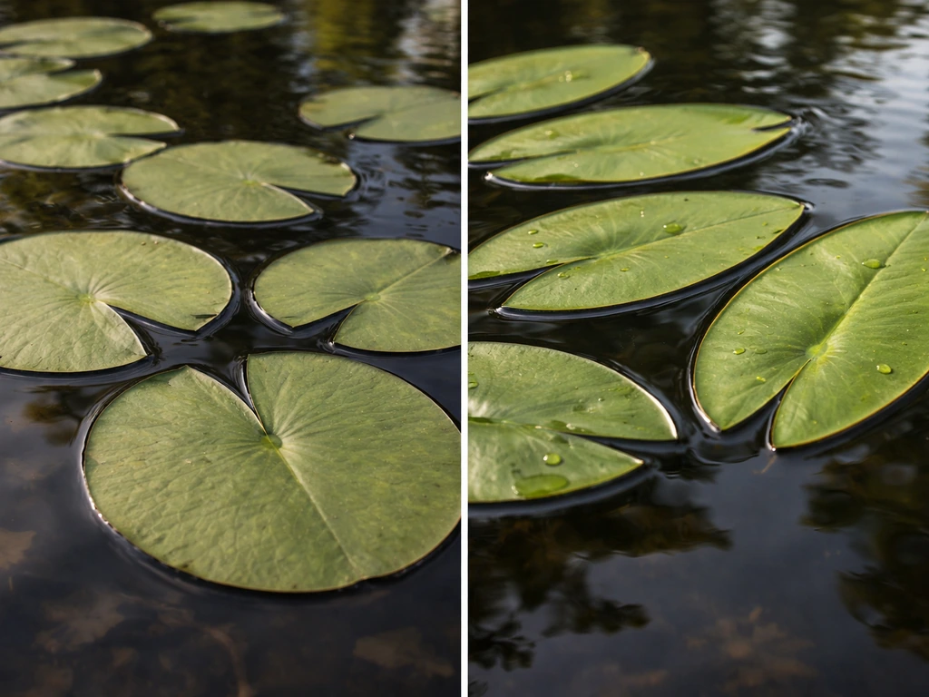 Close-up of pond water with two different floating leaf types: broad water-lily pads vs a different “lily” leaf.