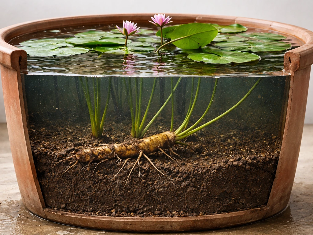 Water lily rhizome in muddy substrate inside a pot, with leaves floating on shallow standing water.