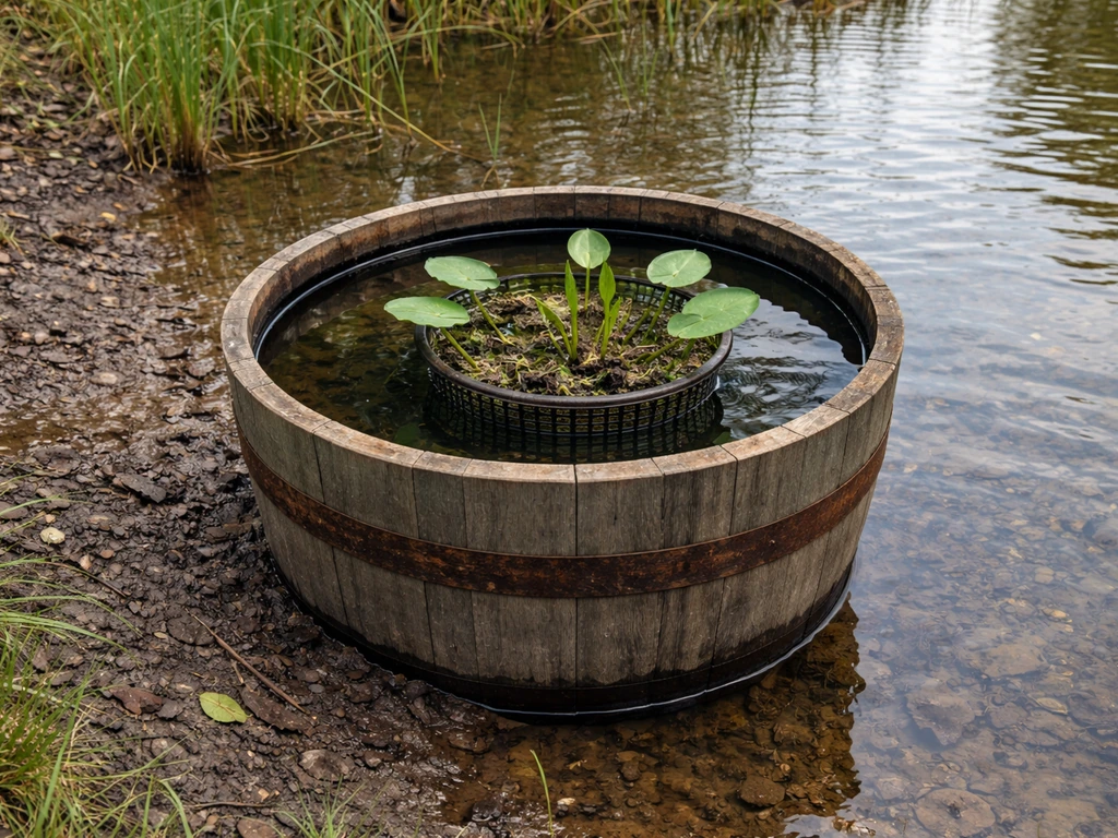 Half whiskey barrel planter with submerged pot near marsh edge, lilies-like plants in water and dry ground beside it.
