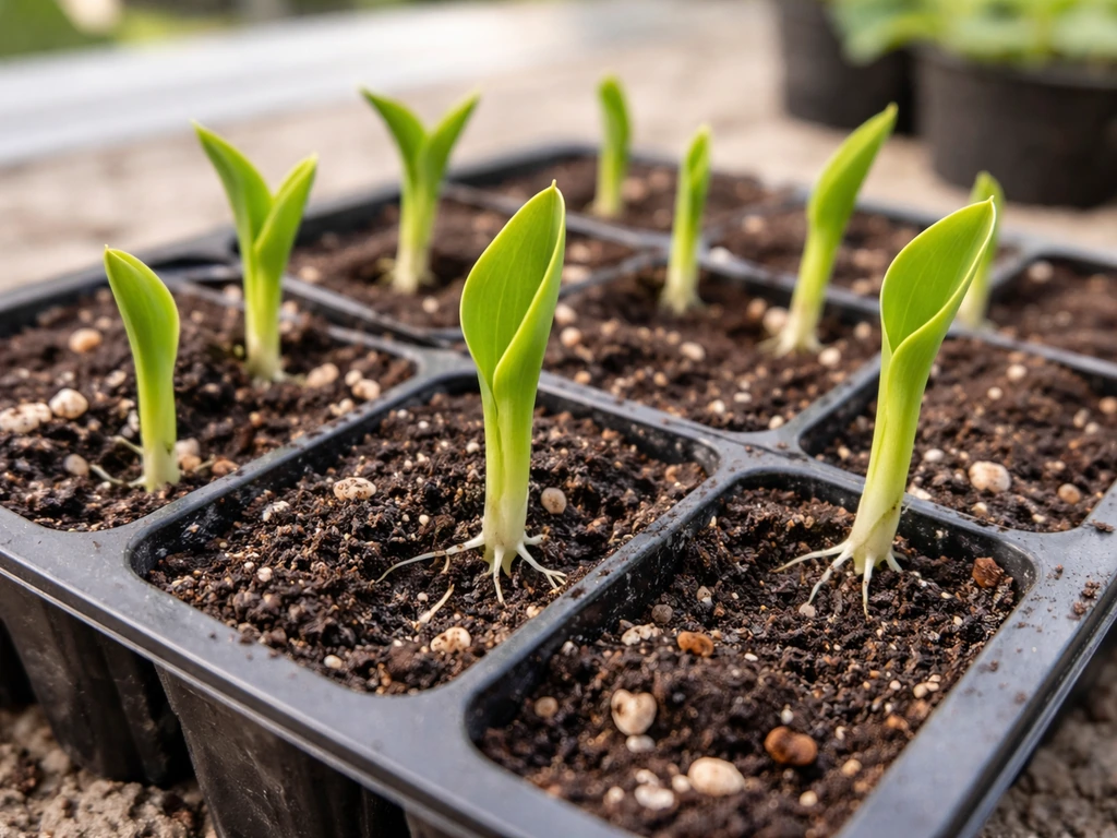 Close-up of calla lily seedlings sprouting in a seed tray, vivid green shoots and potting mix.