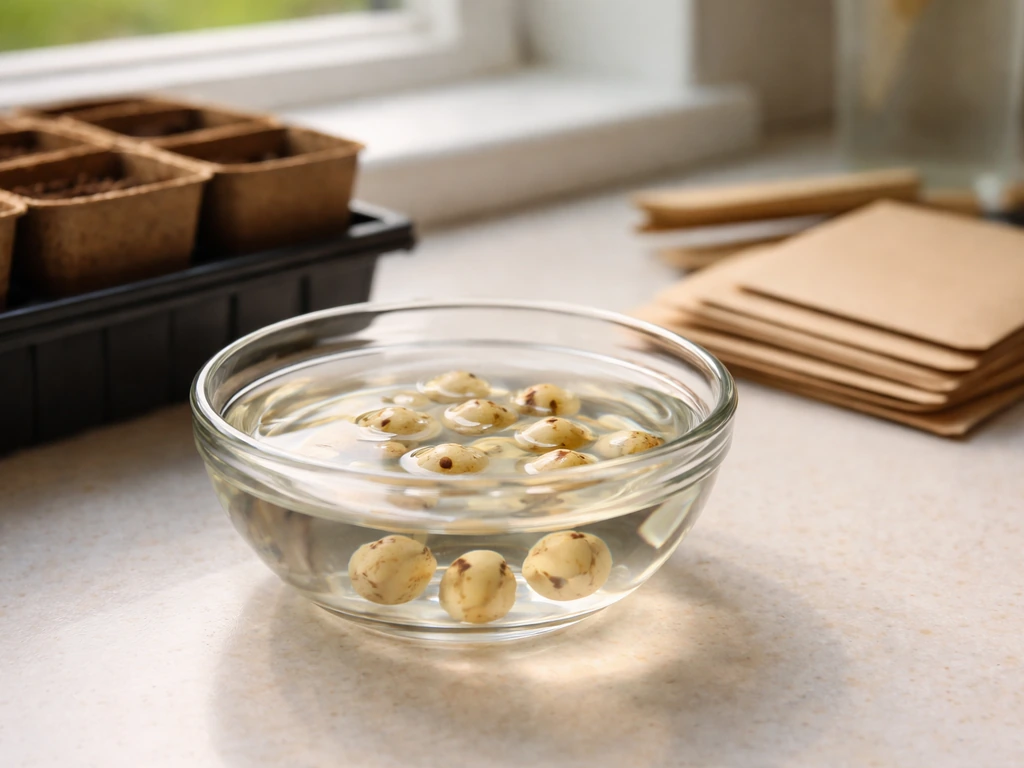 Calla lily seeds soaking in a small glass bowl next to simple indoor seed-starting containers.