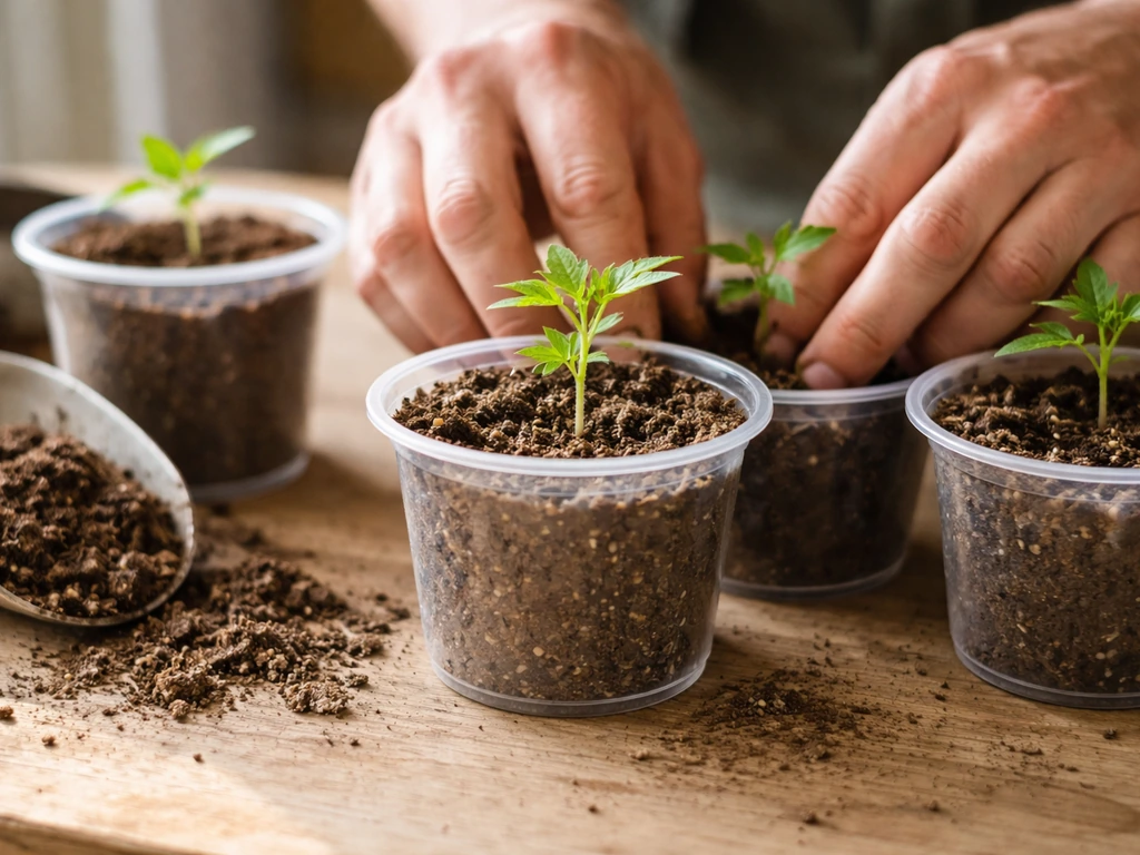 Close-up of small calla seedlings being potted into individual 4–6 inch containers with potting mix