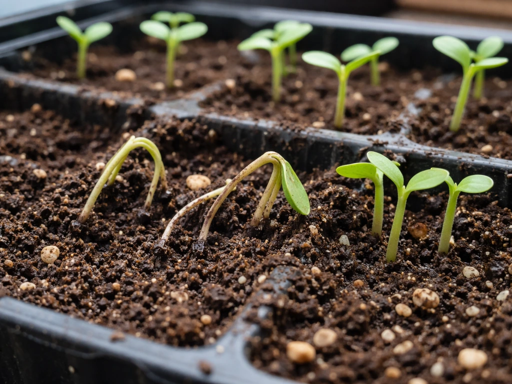 Seedlings at soil level showing damping off collapse beside healthy upright seedlings