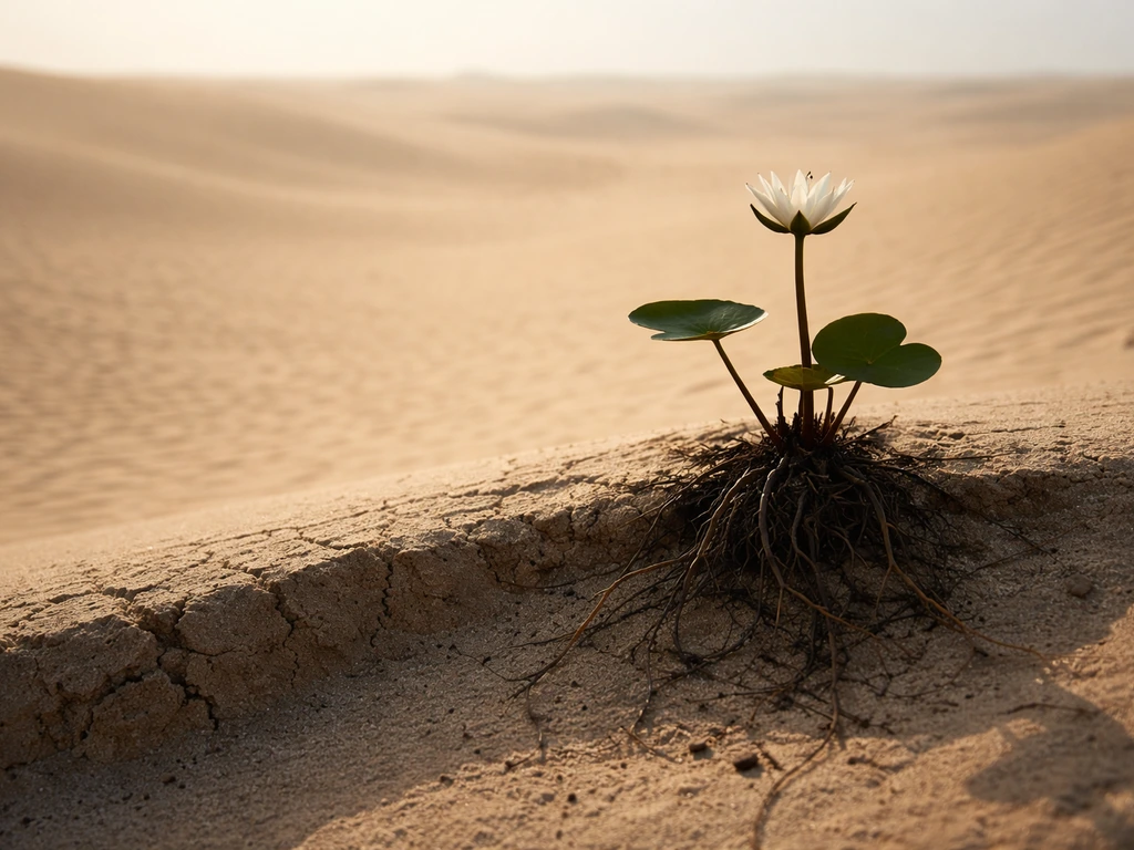 Water lily roots fade at the edge of dry desert sand under harsh sunlight.