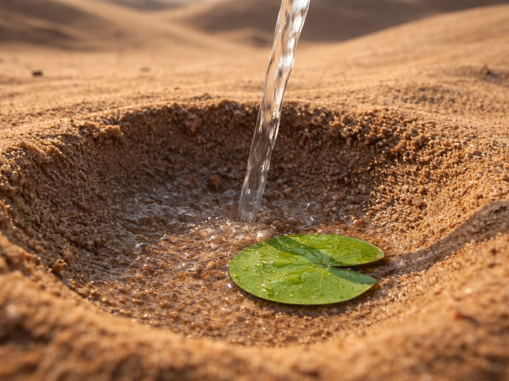 Clear water stream poured onto dry desert sand quickly sinks and leaves no puddle.