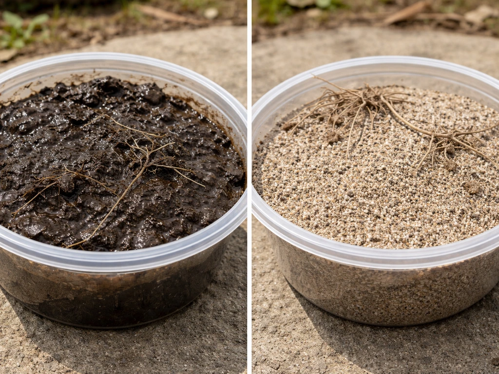 Close-up side-by-side tubs showing saturated muddy silt versus dry gritty sand textures and moisture.