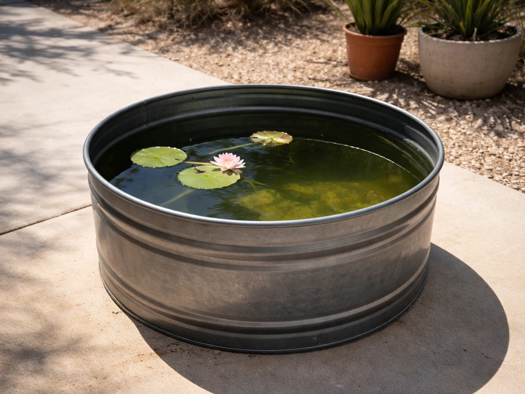 Patio half-barrel pond with water lilies in warm, dry sunlight and a lined container setup