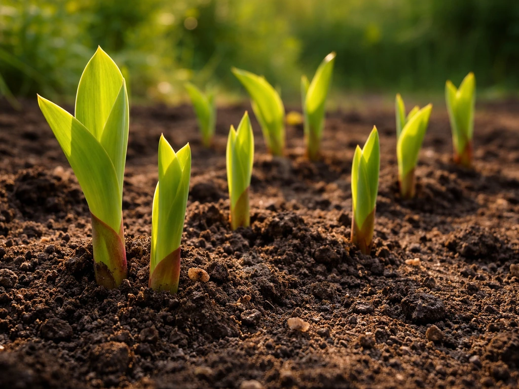 Canna lily shoots emerging from soil in warm sunlight, showing early rapid growth.