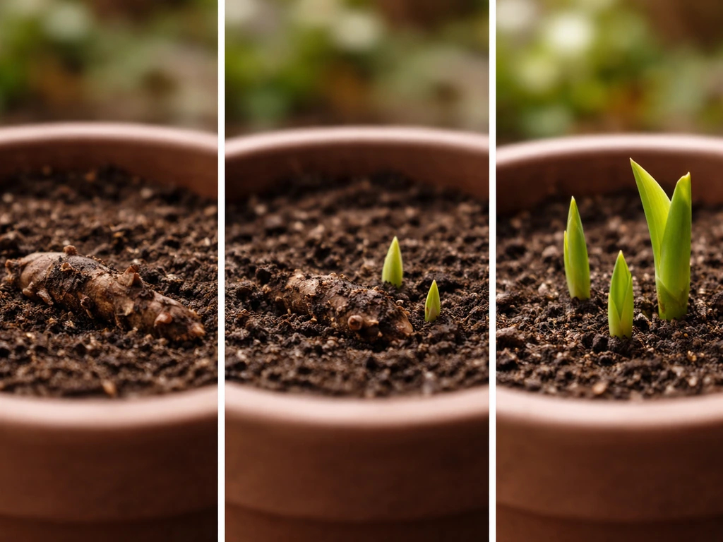 Three-panel photo timeline of a planted canna rhizome gradually sprouting first green shoots in soil.