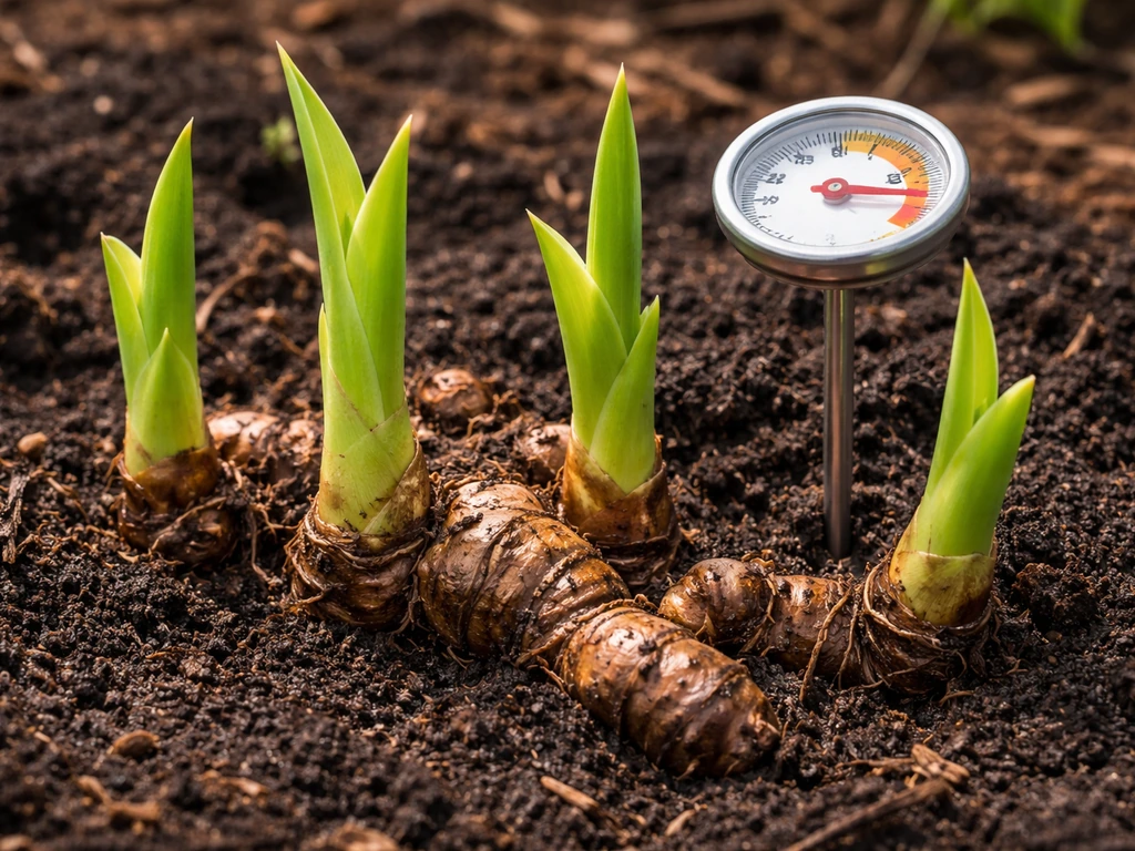 Warm soil around canna rhizomes with a thermometer and fresh healthy shoots emerging
