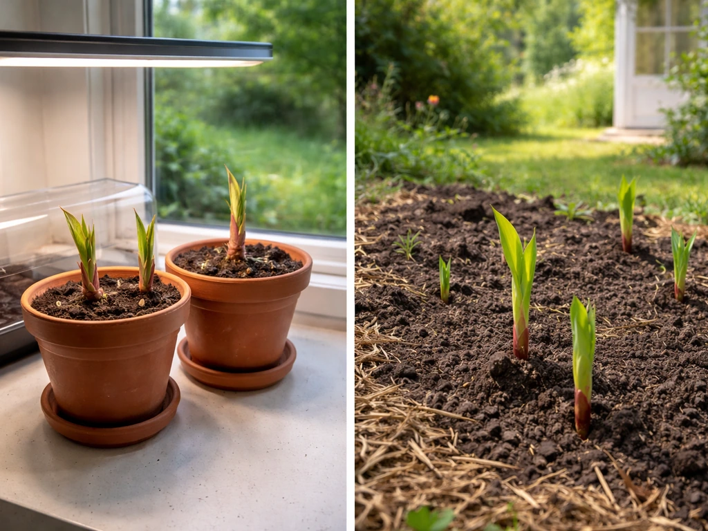 Canna rhizomes started in indoor pots by a window and shoots in an outdoor garden bed side by side.