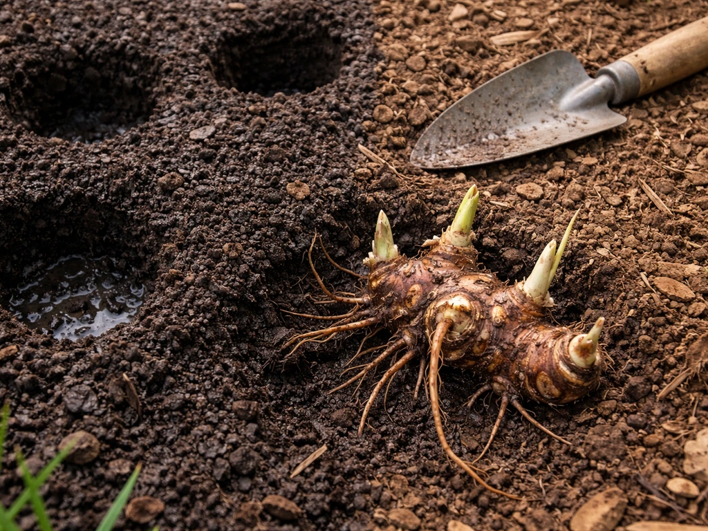 Canna rhizome under soil with no shoots on one side, and lightly aerated, warmer soil on the other.