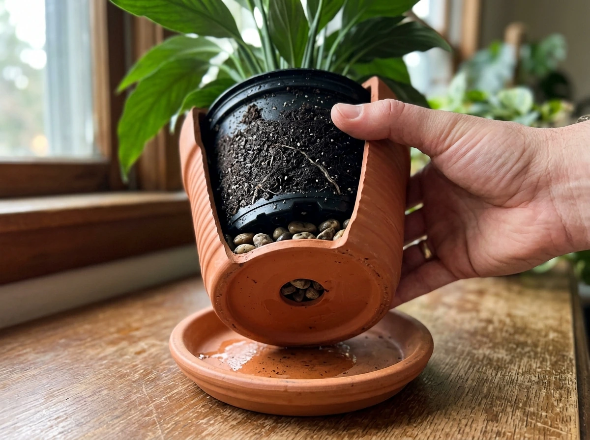 Peace lily pot and drainage hole shown for low-light wet soil control