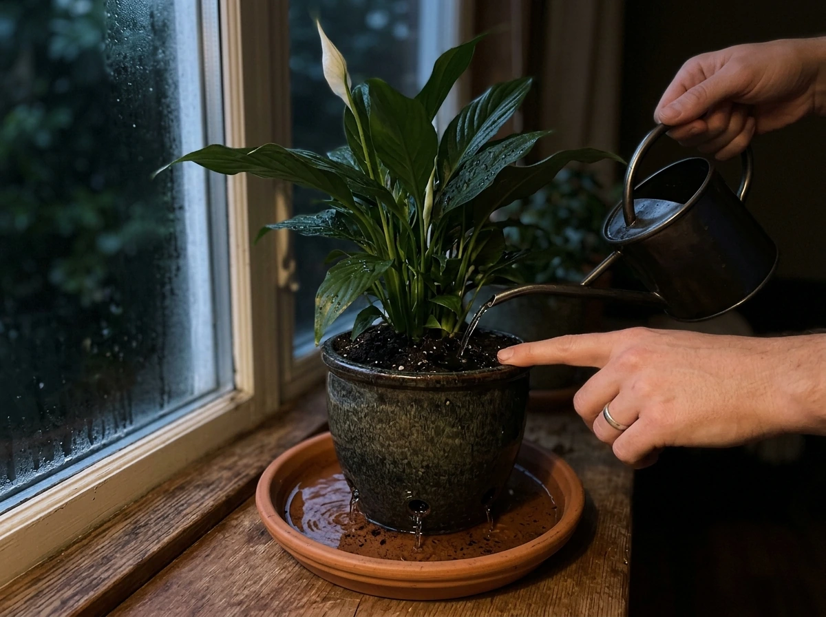 Slow drench watering of peace lily in low light