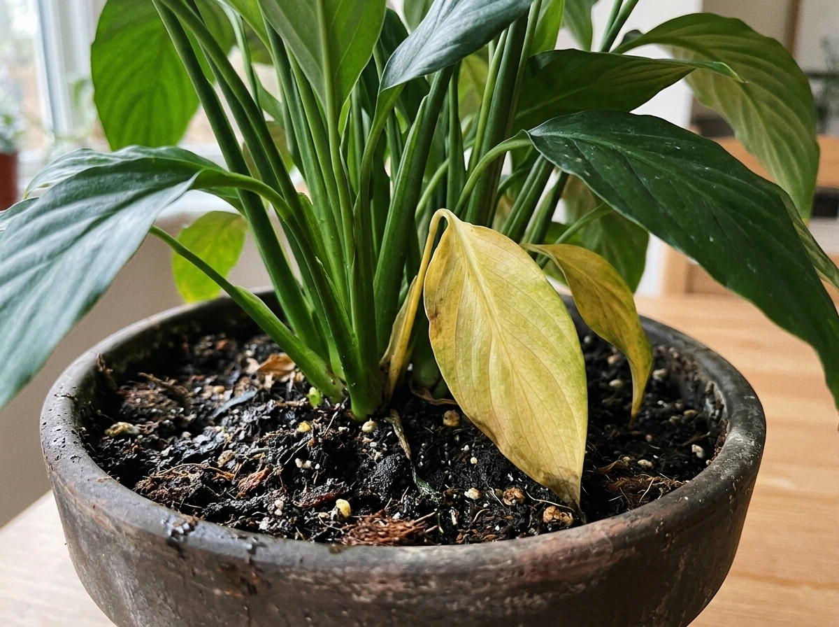 Peace lily with yellow leaves near the base in low light