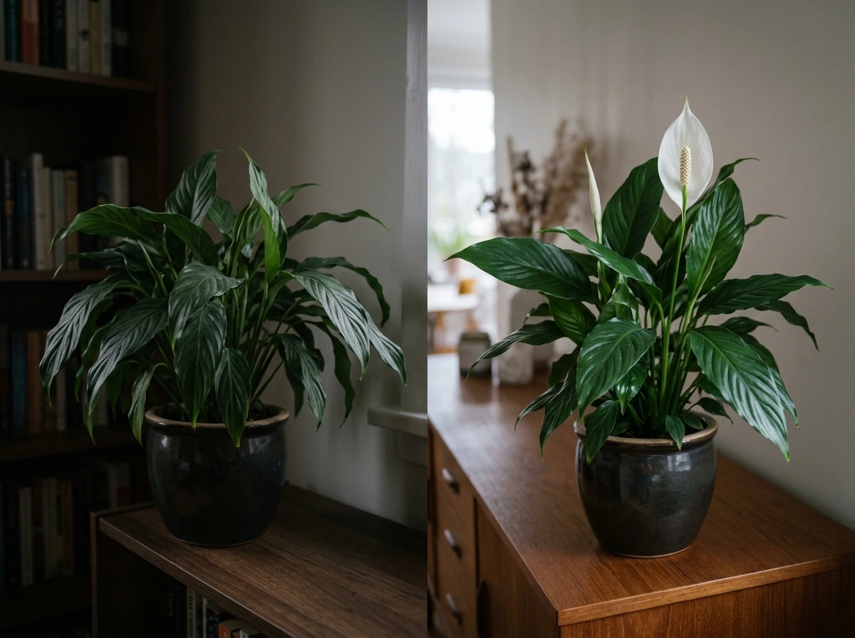 Low-light peace lily with no blooms versus brighter indirect light with a spathe