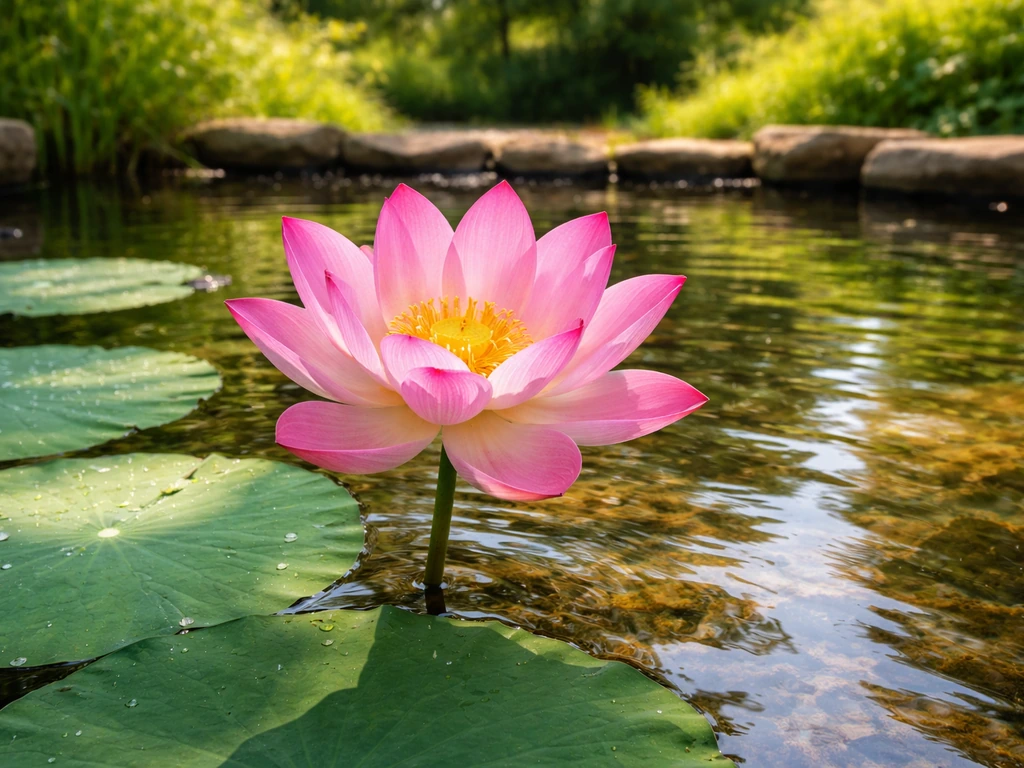Lotus flower blooming above a shallow sunny backyard pond water garden