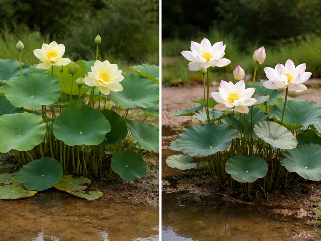 Side-by-side American yellow lotus and an ornamental lotus in shallow pond water, natural light.