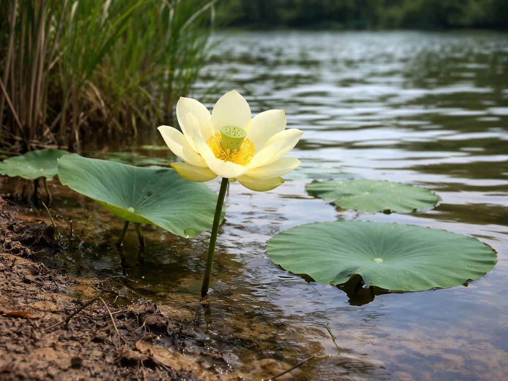 American yellow lotus bloom and floating leaves growing in shallow lake water in Pennsylvania habitat.