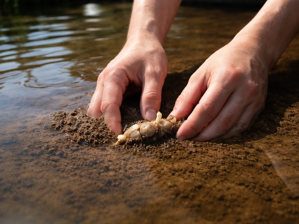 Hands place a lotus tuber into muddy bottom sediment of a sunny, still in-ground pond.