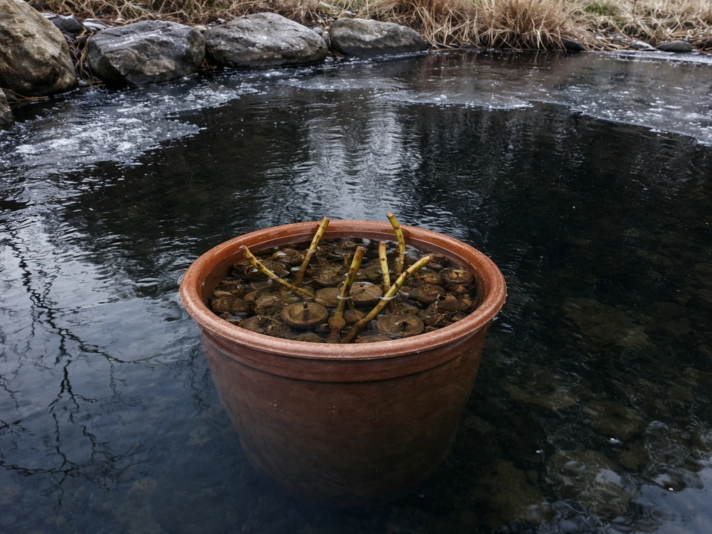 Container lotus pot submerged in the deepest part of a pond during near-freezing winter with visible water line.