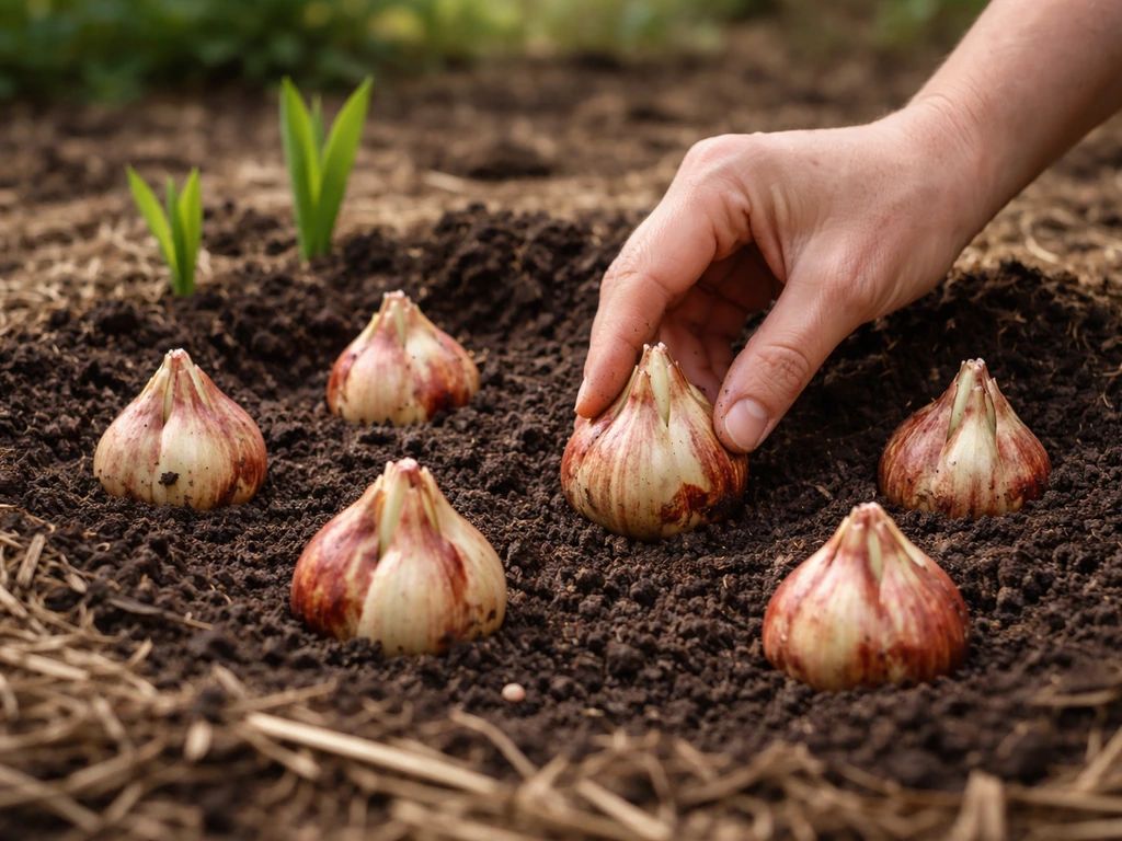 Freshly planted true lily bulbs in prepared soil with mulch, with small sprouts starting nearby.