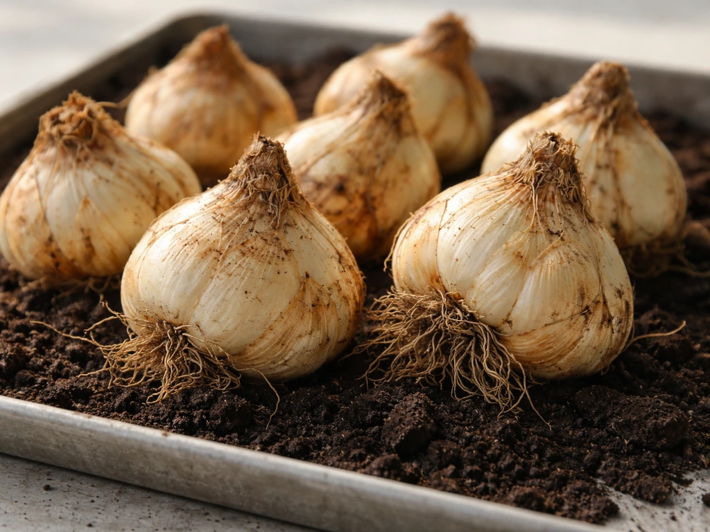 Scaly Lilium bulbs on dark soil surface, with a few bulbs side-by-side to compare true lily types.
