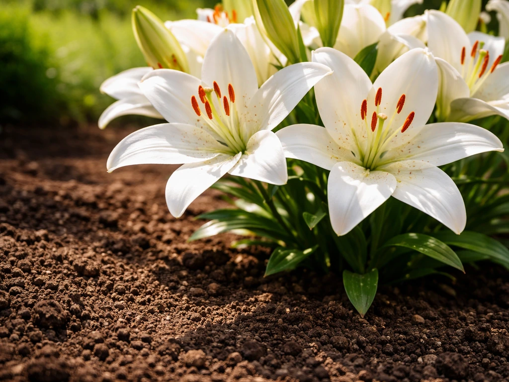 Lilies basking in direct sun with a close view of slightly acidic crumbly soil