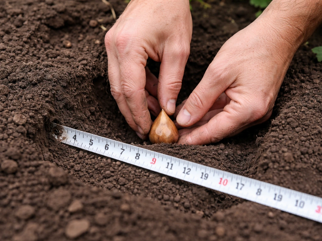 Gardener’s hands place a bulb at measured depth using a visible tape in a small garden hole.