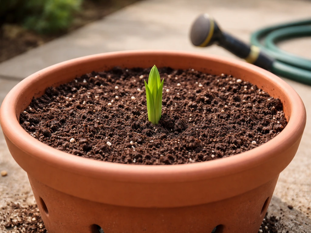 Potted lily bulb with a young shoot emerging, potting mix and watering setup in a minimal garden scene.